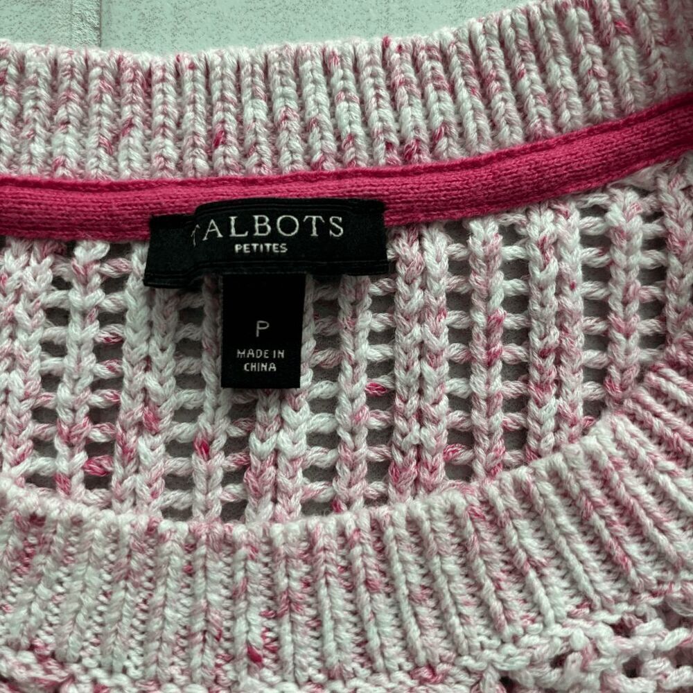Talbots Open Knit Sweater Petite S 100% Cotton Pink Pullover Crewneck Barbie - Picture 4 of 7